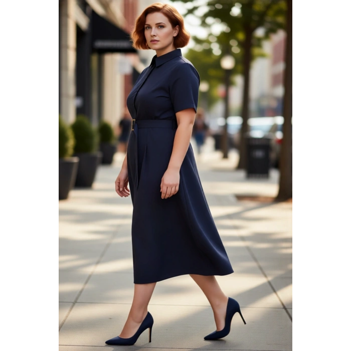 Kadın Büyük Beden Gömlek Elbise Kemer Detaylı Kısa Kollu Midi Boy Şık Poplin Dokuma Kaliteli