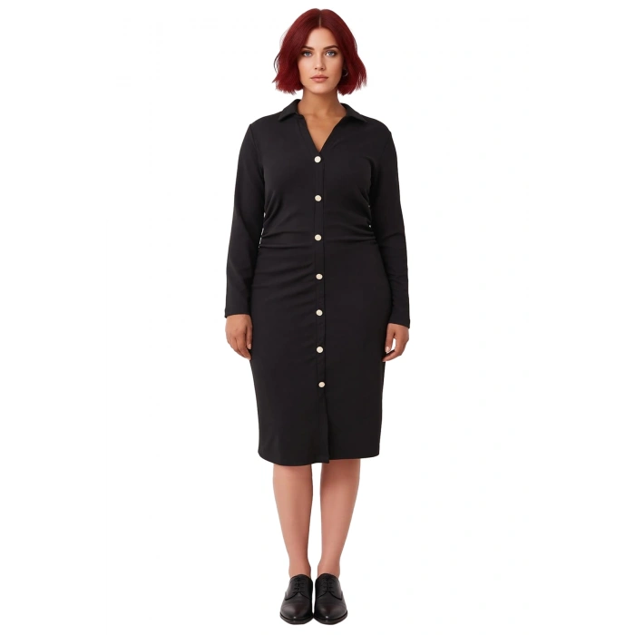 Kadın Büyük Beden Gömlek Yaka Büzgü Detaylı Örme Midi Elbise Şık Uzun Kol Kışlık Tasarım Kaliteli