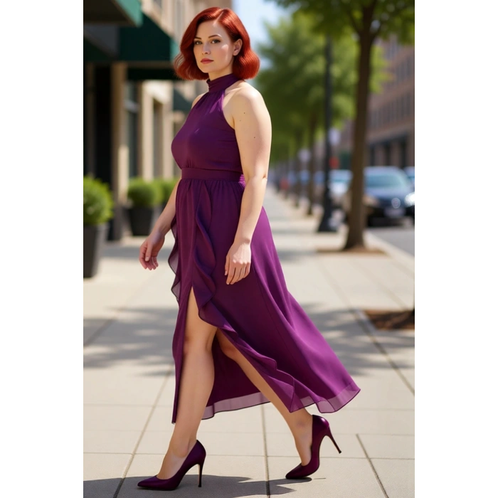 Kadın Büyük Beden Halter Yaka Kolsuz Maxi A Line Şifon Elbise Fırfır Detaylı Özel Davetler İçin