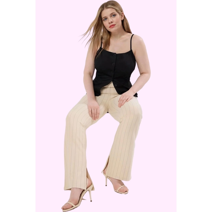 Kadın Büyük Beden İspanyol Paça Pantolon Yüksek Bel Çizgili Desen Günlük Stil Modern Tasarım