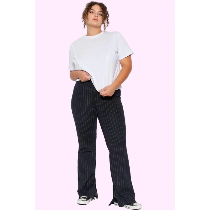 Kadın Büyük Beden İspanyol Paça Pantolon Yüksek Bel Çizgili Desen Günlük Stil Modern Tasarım