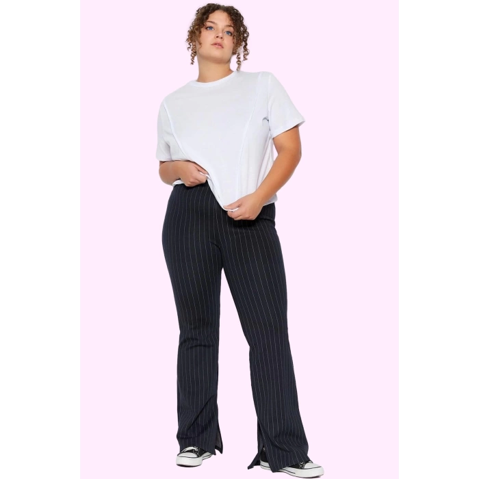 Kadın Büyük Beden İspanyol Paça Pantolon Yüksek Bel Çizgili Desen Günlük Stil Modern Tasarım