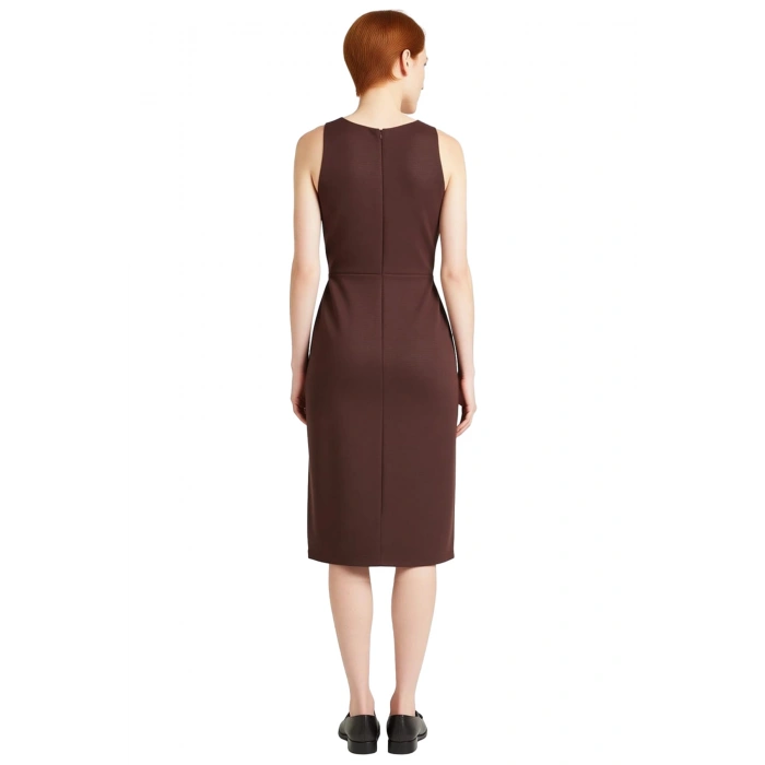 Kadın Büyük Beden Kahverengi A Line Kolsuz Midi Dokuma Elbise Yan Bağlama ve Yırtmaç Detaylı