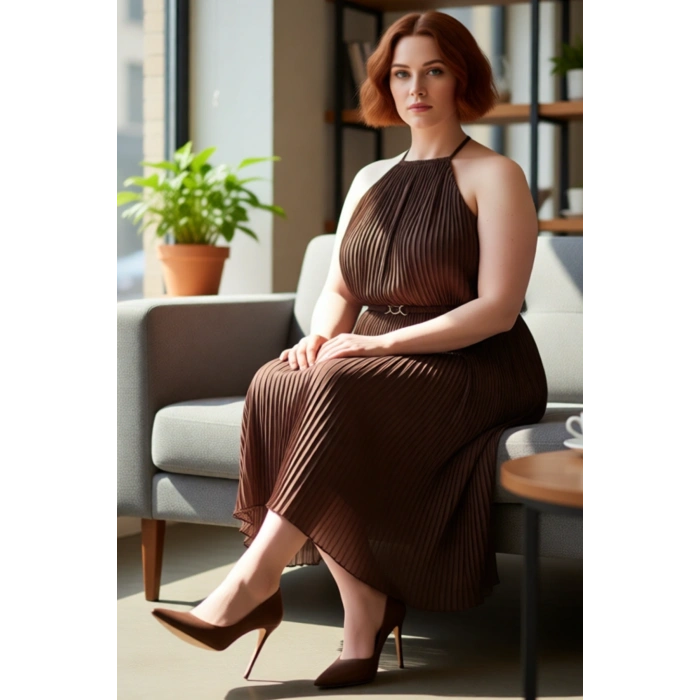 Kadın Büyük Beden Kahverengi Düz Halter Yaka Maxi Bodycon Dokuma Elbise Şık Davetler İçin Kaliteli