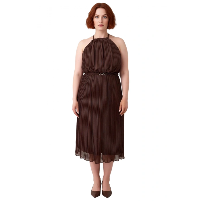 Kadın Büyük Beden Kahverengi Düz Halter Yaka Maxi Bodycon Dokuma Elbise Şık Davetler İçin Kaliteli