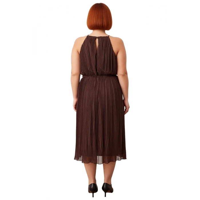 Kadın Büyük Beden Kahverengi Düz Halter Yaka Maxi Bodycon Dokuma Elbise Şık Davetler İçin Kaliteli