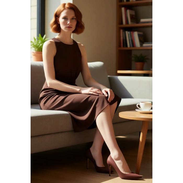 Kadın Büyük Beden Kahverengi Kolsuz Midi Elbise Rahat A Line Dokuma Yan Bağlama Detaylı Kaliteli