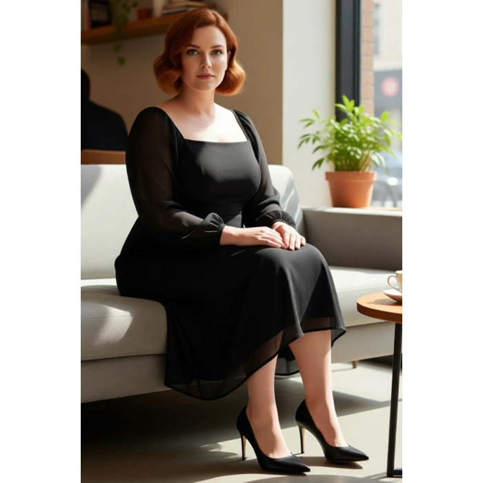 Kadın Büyük Beden Kare Yaka Uzun Balon Kollu A Kesim Midi Şifon Elbise Özel Günler İçin Kaliteli