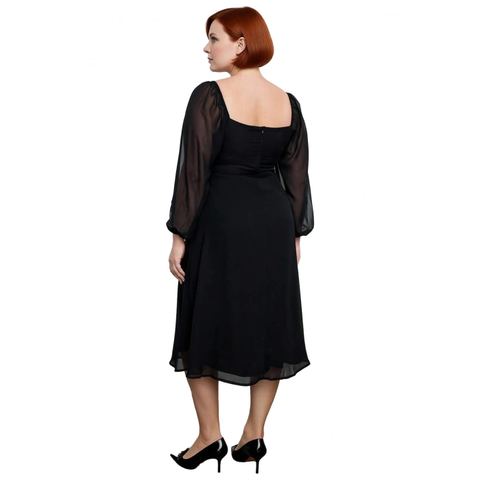 Kadın Büyük Beden Kare Yaka Uzun Balon Kollu A Kesim Midi Şifon Elbise Özel Günler İçin Kaliteli