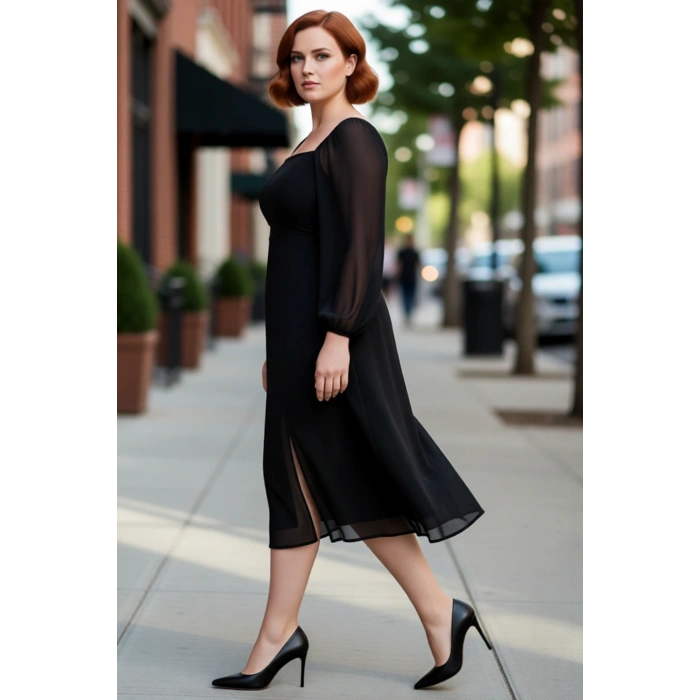 Kadın Büyük Beden Kare Yaka Uzun Balon Kollu A Kesim Midi Şifon Elbise Özel Günler İçin Kaliteli