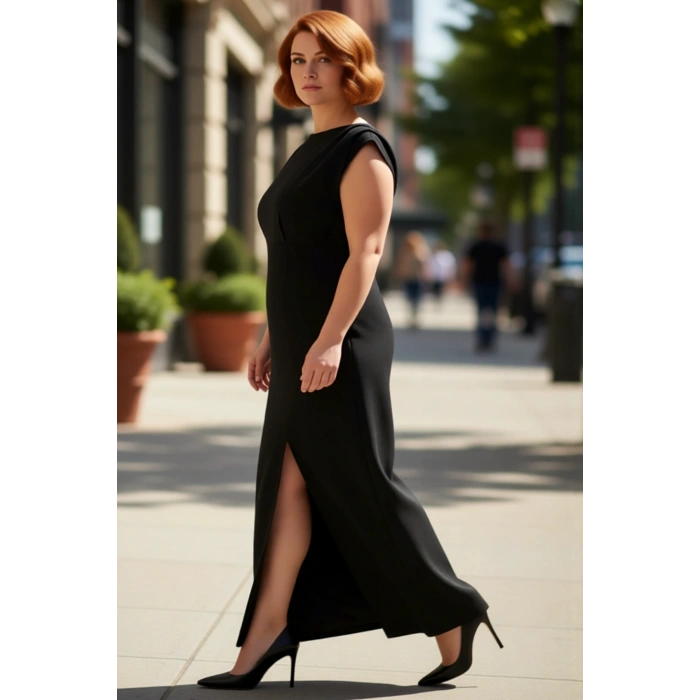 Kadın Büyük Beden Kolsuz Yırtmaçlı Maxi Dokuma Abiye Elbise Özel Günler İçin Şık Tasarım Kaliteli