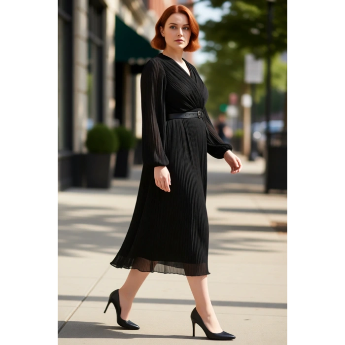 Kadın Büyük Beden Kruvaze Piliseli Şifon Midi Elbise Uzun Kollu Ve Kemer Detaylı Şık Tasarım