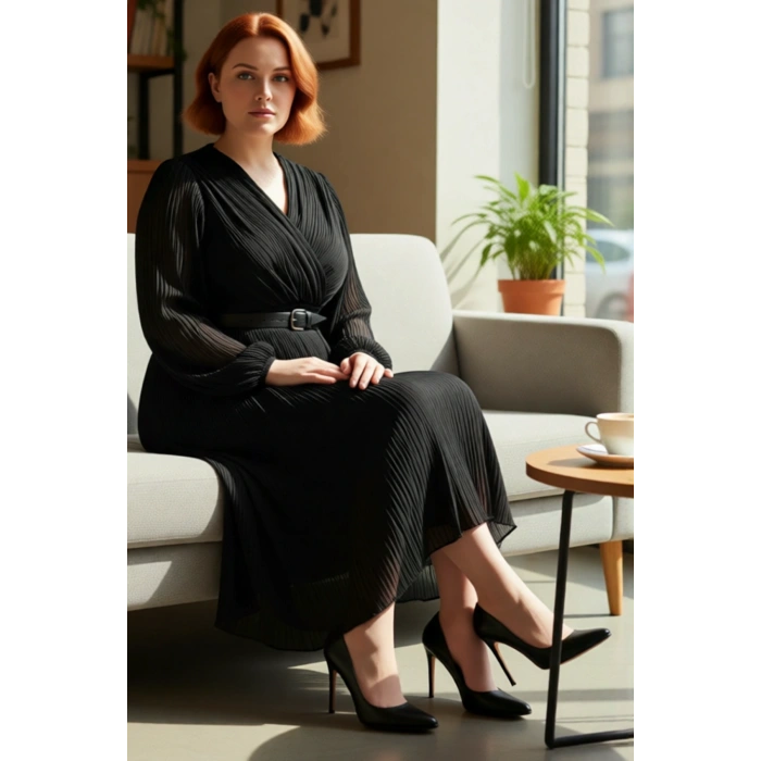 Kadın Büyük Beden Kruvaze Piliseli Şifon Midi Elbise Uzun Kollu Ve Kemer Detaylı Şık Tasarım