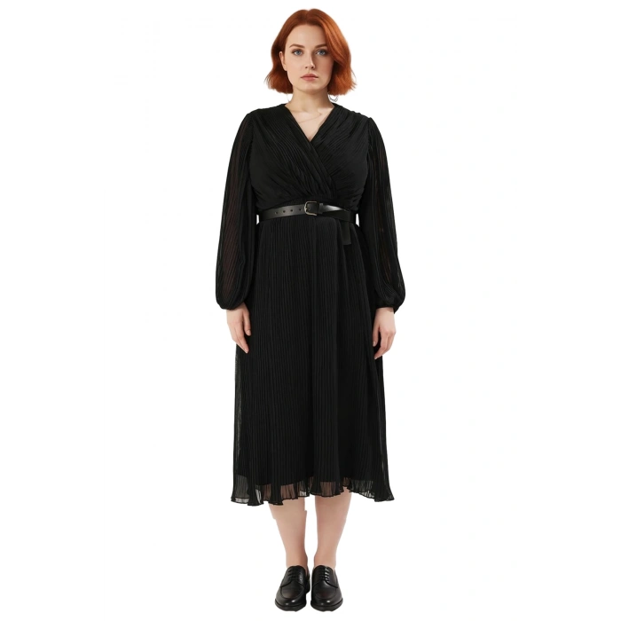 Kadın Büyük Beden Kruvaze Piliseli Şifon Midi Elbise Uzun Kollu Ve Kemer Detaylı Şık Tasarım