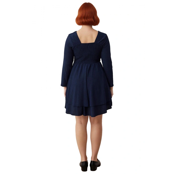 Kadın Büyük Beden Lacivert Kare Yaka Skater Örme Elbise Uzun Kollu Kışlık Rahat Şıklık Kaliteli