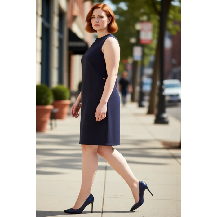 Kadın Büyük Beden Lacivert Kolsuz Mini Shift Elbise 100 Polyester Gold Düğme Detaylı Şık Tasarım