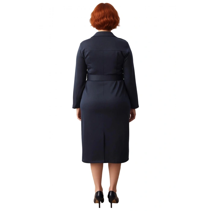 Kadın Büyük Beden Lacivert Kuşaklı Gabardin Dokuma Uzun Kol Gömlek Yaka Fermuarlı Midi Boy Elbise