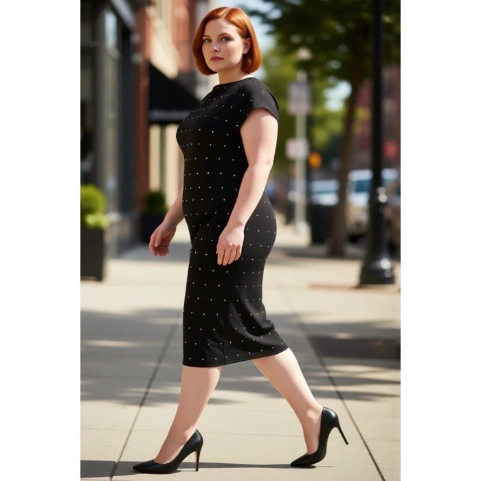 Kadın Büyük Beden Modern Şık Taş Detaylı Parti Elbisesi Kayık Yaka Düşük Kol Dokuma Midi Boy Tasarım