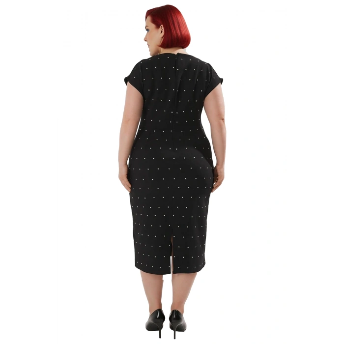 Kadın Büyük Beden Modern Şık Taş Detaylı Parti Elbisesi Kayık Yaka Düşük Kol Dokuma Midi Boy Tasarım