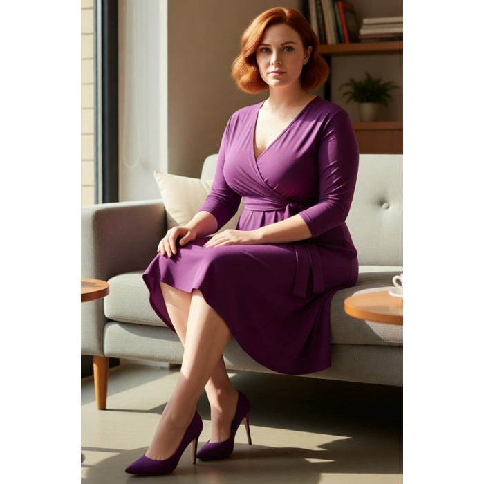 Kadın Büyük Beden Mor Kruvaze Kuşaklı A line Örme Midi Elbise Şık Ve Rahat Bir Seçim Kaliteli