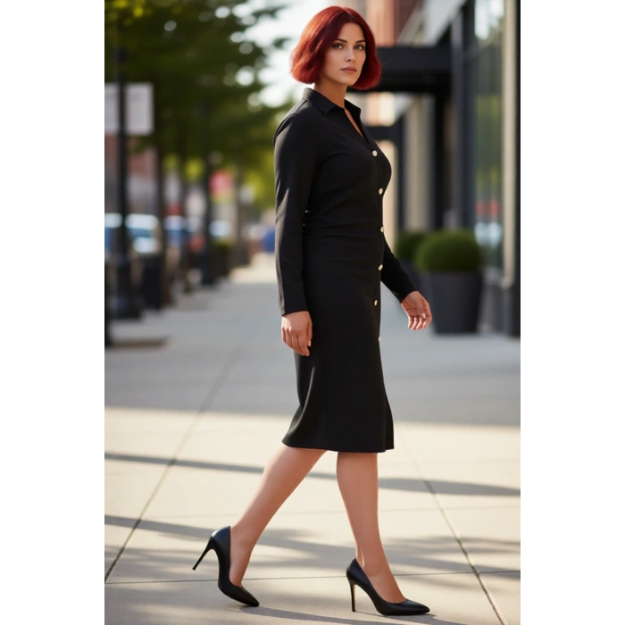 Kadın Büyük Beden Örme Kumaş Midi Elbise Modern Gömlek Yaka Büzgü Detayı Uzun Kol Sonbahar