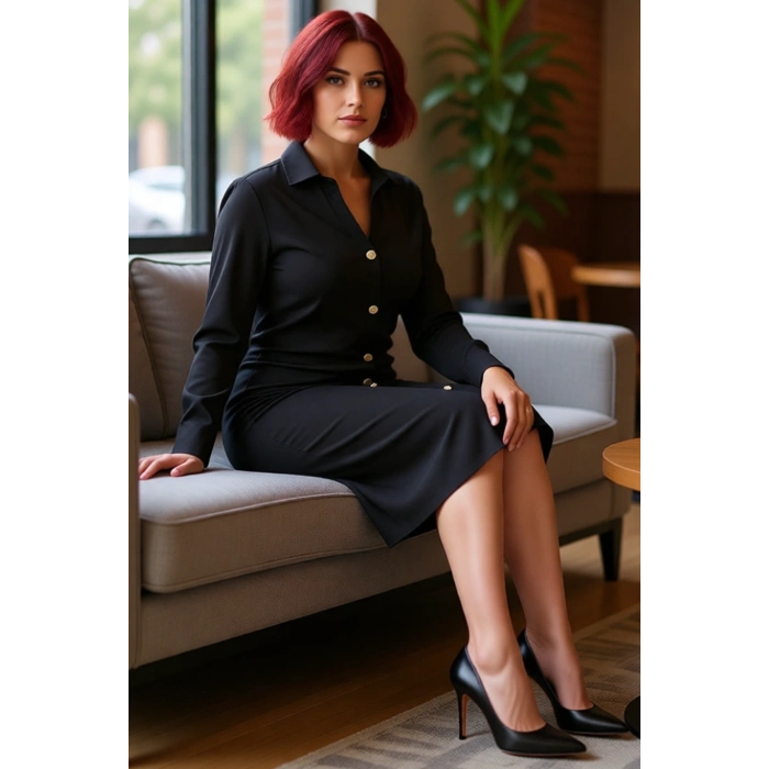 Kadın Büyük Beden Örme Kumaş Midi Elbise Modern Gömlek Yaka Büzgü Detayı Uzun Kol Sonbahar