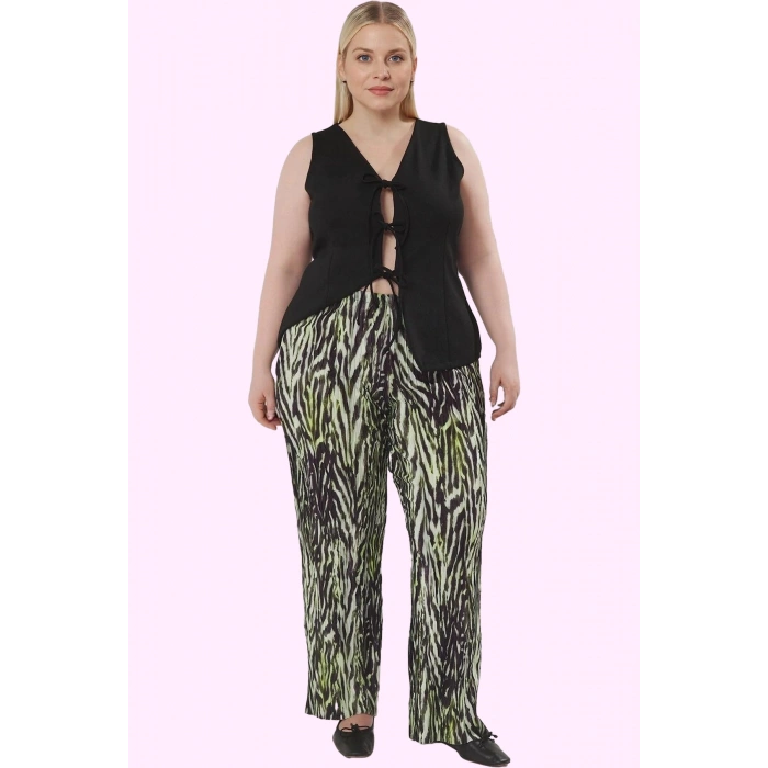 Kadın Büyük Beden Örme Pantolon; Yüksek Bel Geniş Paça Animal Desen 100% Polyester Günlük Kombinler