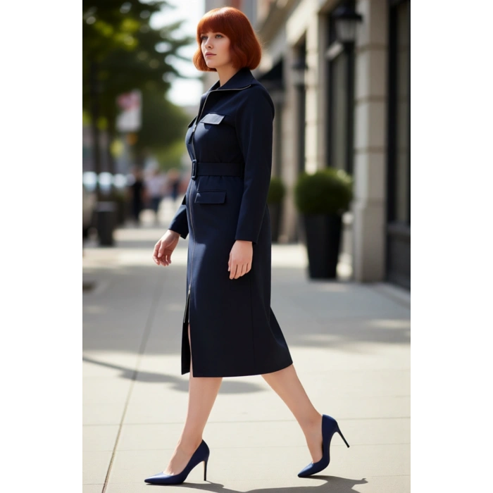 Kadın Büyük Beden Rahat Kesim Lacivert Gabardin Dokuma Gömlek Elbise Kuşaklı Uzun Kollu Stil