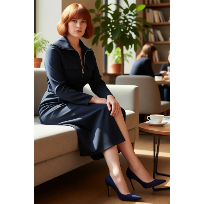 Kadın Büyük Beden Rahat Kesim Lacivert Gabardin Dokuma Gömlek Elbise Kuşaklı Uzun Kollu Stil