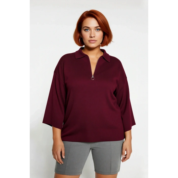 Kadın Büyük Beden Relaxed Kalıp Polo Yaka Fermuarlı Düşük Omuz Truvakar Kol Triko Kazak Kaliteli