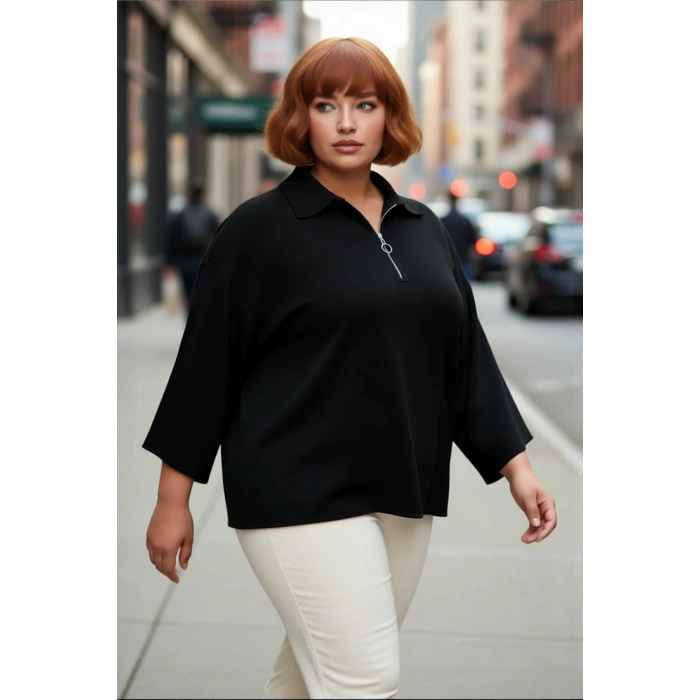Kadın Büyük Beden Relaxed Kalıp Polo Yaka Fermuarlı Düşük Omuz Truvakar Kol Triko Kazak Kaliteli