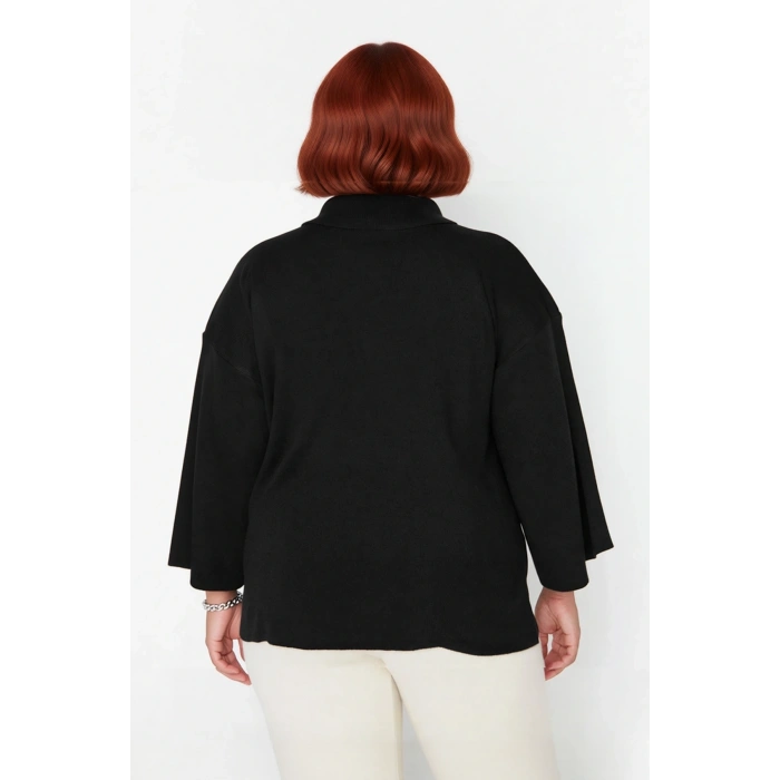 Kadın Büyük Beden Relaxed Kalıp Polo Yaka Fermuarlı Düşük Omuz Truvakar Kol Triko Kazak Kaliteli