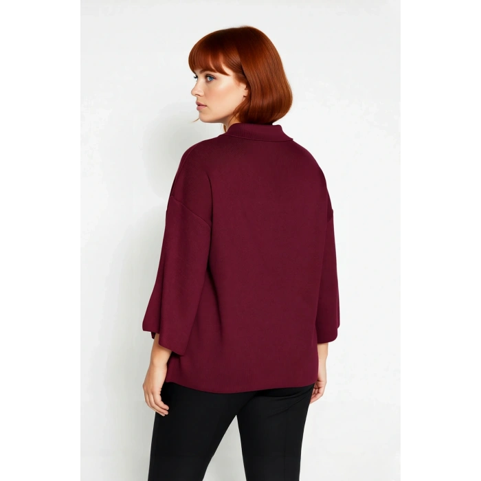 Kadın Büyük Beden Relaxed Kalıp Polo Yaka Fermuarlı Düşük Omuz Truvakar Kol Triko Kazak Kaliteli