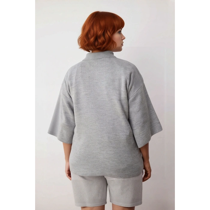 Kadın Büyük Beden Relaxed Kalıp Polo Yaka Fermuarlı Düşük Omuz Truvakar Kol Triko Kazak Kaliteli