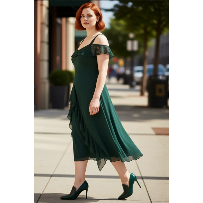 Kadın Büyük Beden Şık V Yaka Düşük Kol Detaylı Skater Maxi Elbise Yaz Akşamları Ve Özel Günler İçin