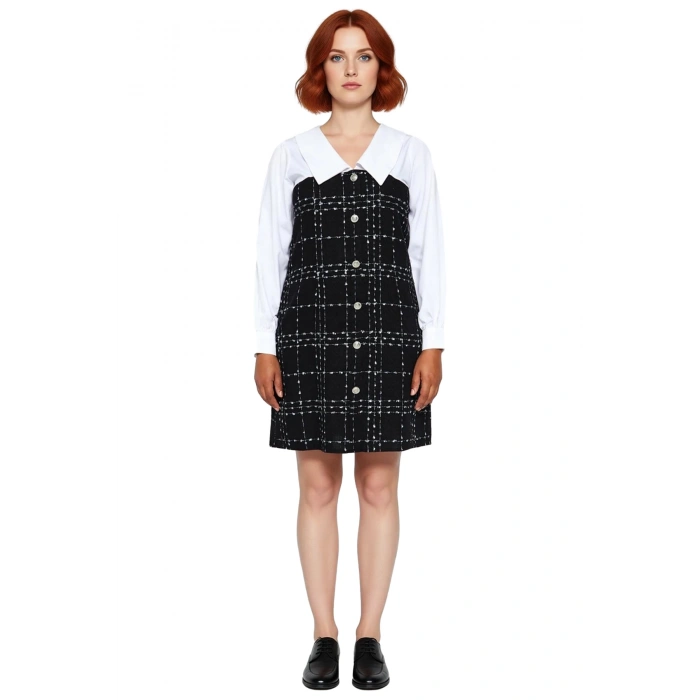 Kadın Büyük Beden Siyah Ekose Tüvit Mini Elbise Gömlek Yaka Katmanlı Kış Şıklığı İçin İdeal