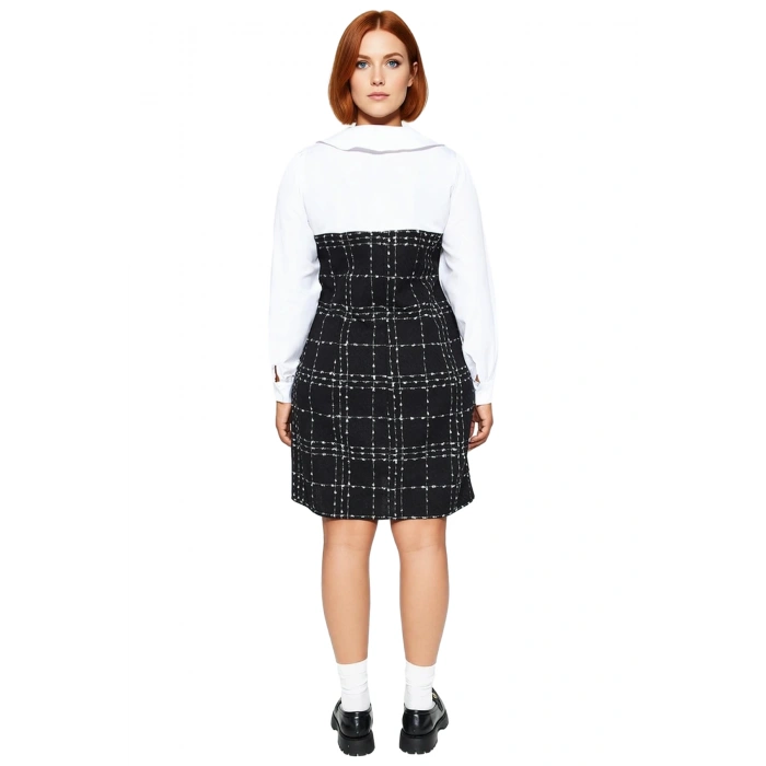 Kadın Büyük Beden Siyah Ekose Tüvit Mini Elbise Gömlek Yaka Katmanlı Kış Şıklığı İçin İdeal