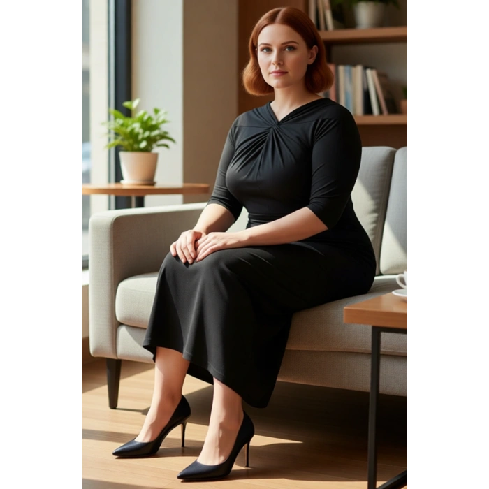 Kadın Büyük Beden Siyah Örme Maxi Elbise Düğüm Detaylı Asimetrik Yaka Konforlu Günlük Stil