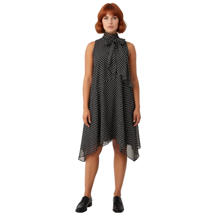 Kadın Büyük Beden Siyah Puantiyeli Fular Yaka Dokuma A Line Kolsuz Midi Elbise Şık Kaliteli