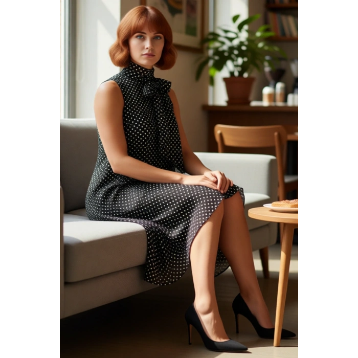 Kadın Büyük Beden Siyah Puantiyeli Fular Yaka Dokuma A Line Kolsuz Midi Elbise Şık Kaliteli