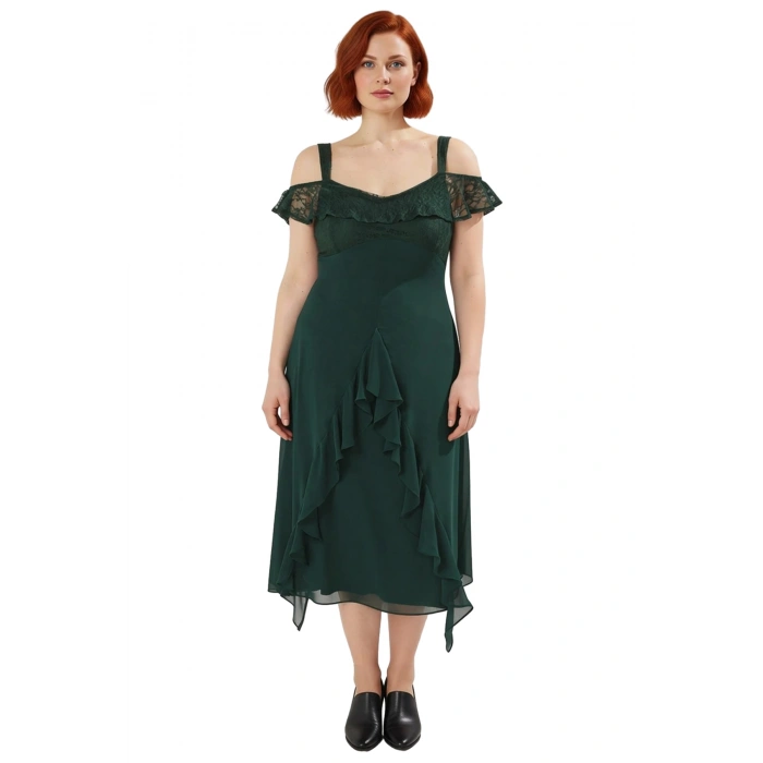 Kadın Büyük Beden Skater Kalıp Fırfır Etekli Şifon Dokuma Kolsuz Maxi Elbise Özel Davetler İçin