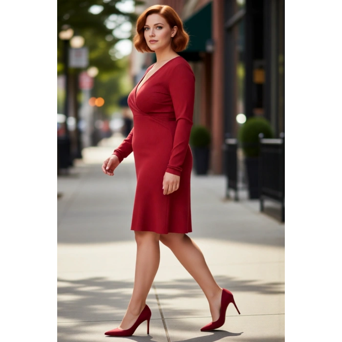 Kadın Büyük Beden Skater Kalıp V Yaka Uzun Kollu Örme Mini Elbise Günlük Şıklığınızı Tamamlar