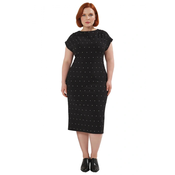 Kadın Büyük Beden Taş İşlemeli Şık Parti Mezuniyet Elbisesi Kayık Yaka Dokuma Diz Boyu Zarif Kesim