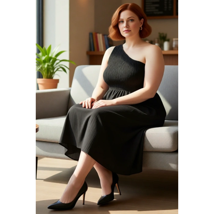 Kadın Büyük Beden Tek Omuz Asimetrik Yaka Crinkle Dokuma Midi Boy Yaz Şıklığı Elbisesi Kaliteli