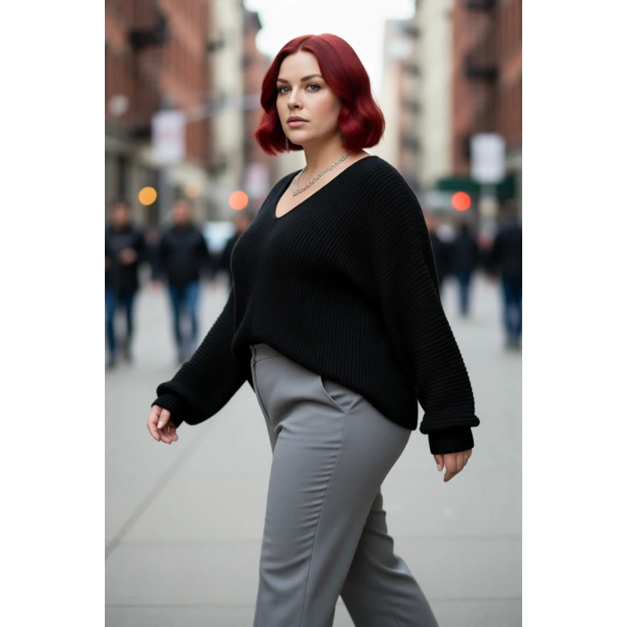 Kadın Büyük Beden V Yaka Kalın Triko Kazak Düz Akrilik Selanik Dokuma Kışlık Şık Seçim Kaliteli