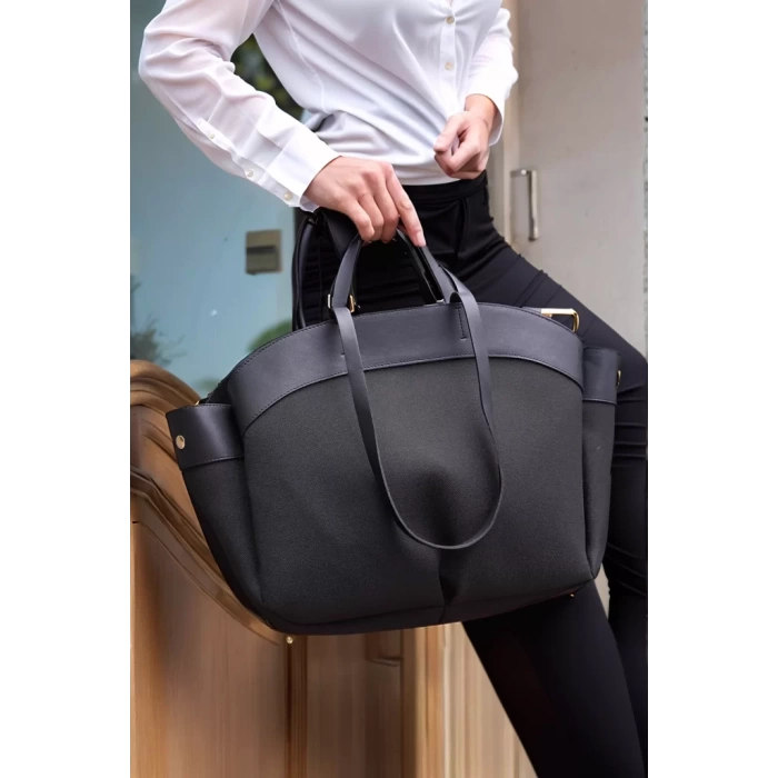 Kadın Büyük Tote Çanta Suni Deri Detaylı Geniş Hacimli Omuz Çantası Modern Stil Özel Tasarım