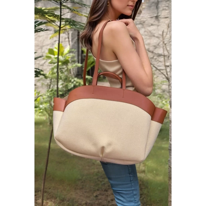 Kadın Büyük Tote Çanta Suni Deri Detaylı Geniş Hacimli Omuz Çantası Modern Stil Özel Tasarım