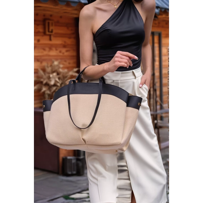Kadın Büyük Tote Çanta Suni Deri Detaylı Geniş Hacimli Omuz Çantası Modern Stil Özel Tasarım
