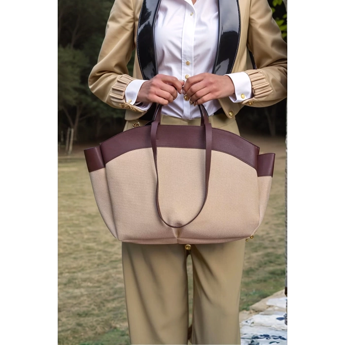 Kadın Büyük Tote Çanta Suni Deri Detaylı Geniş Hacimli Omuz Çantası Modern Stil Özel Tasarım
