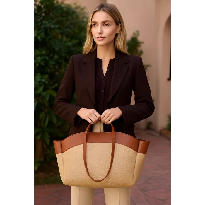 Kadın Büyük Tote Çanta Suni Deri Detaylı Geniş Hacimli Omuz Çantası Modern Stil Özel Tasarım